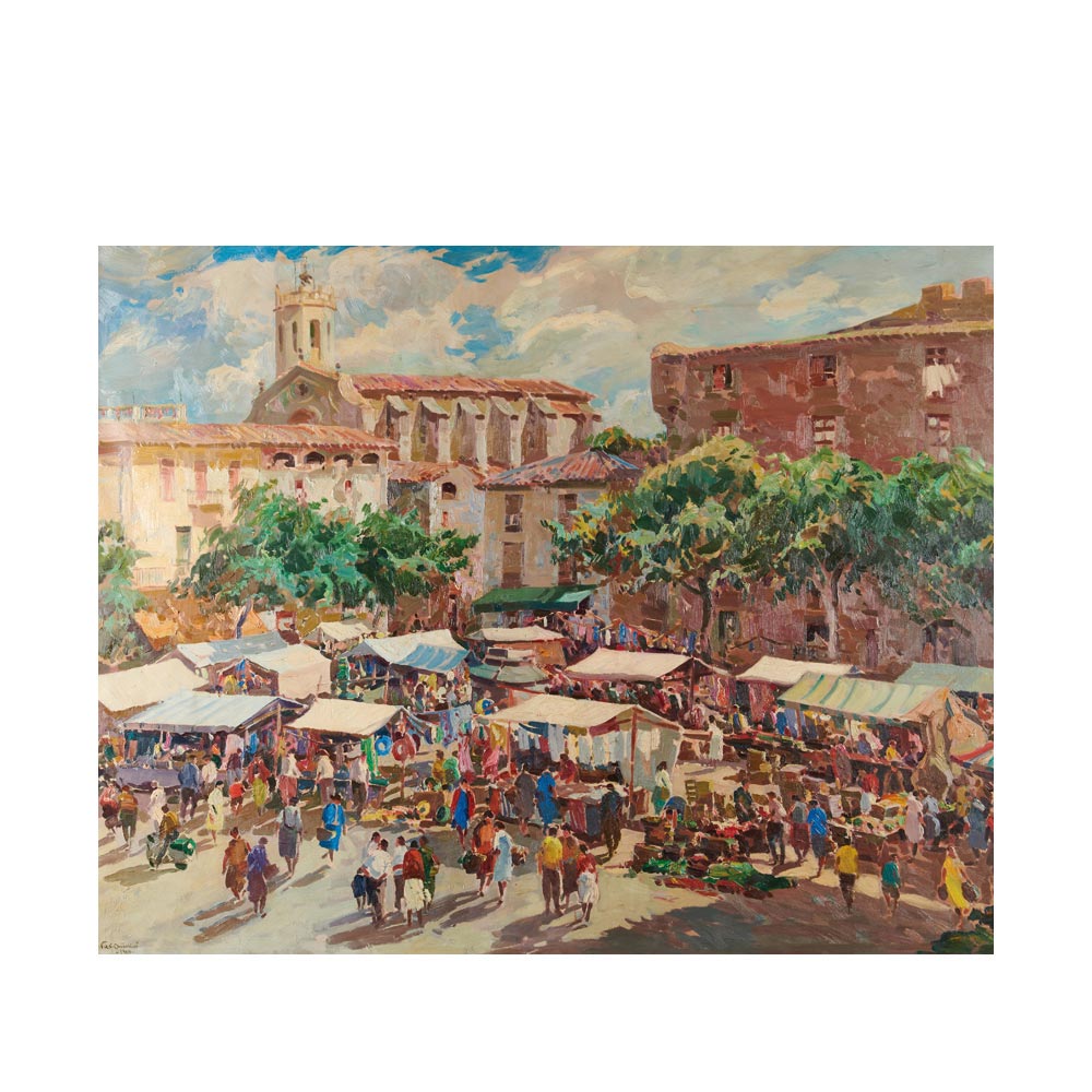 Josep Maria Vila Cañellas (Vic, Barcelona, 1913-Barcelona, 2001) Mercado de Centelles. Óleo sobre