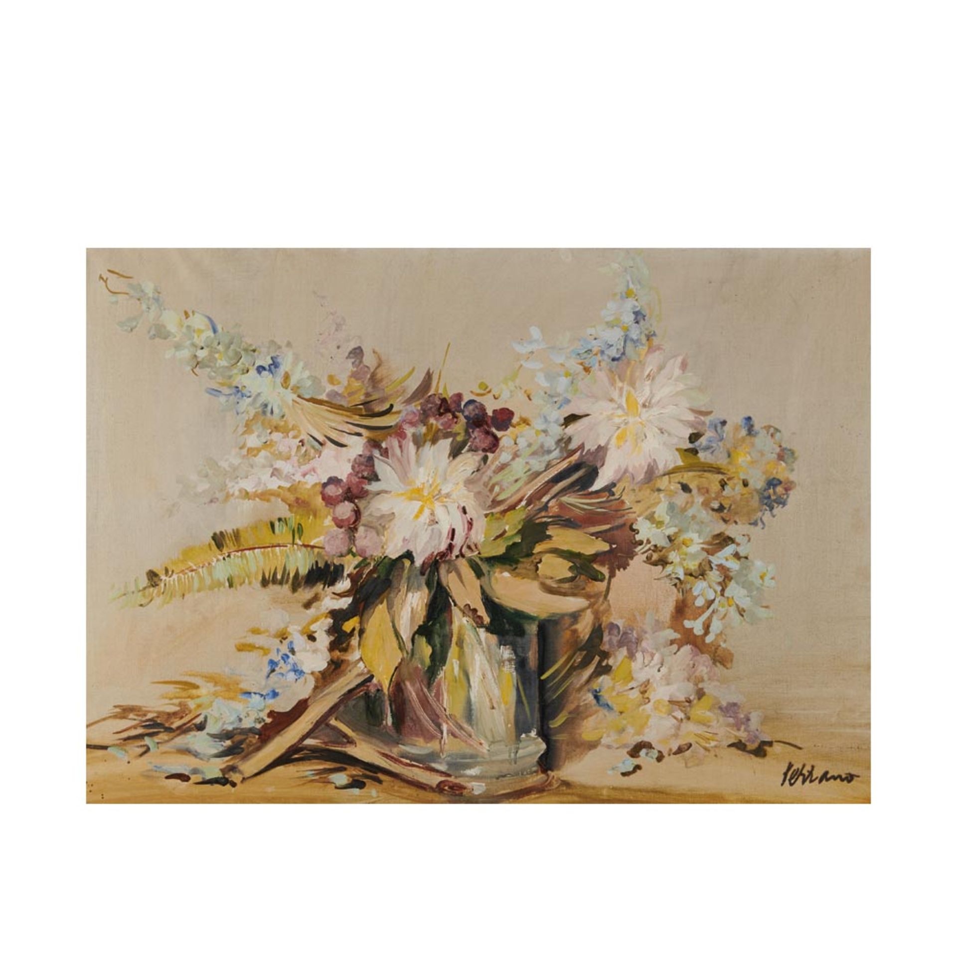 Josep Miquel Serrano (Barcelona, 1912-1982) Jarrón con flores. Óleo sobre tela. Firmado. 65 x 93
