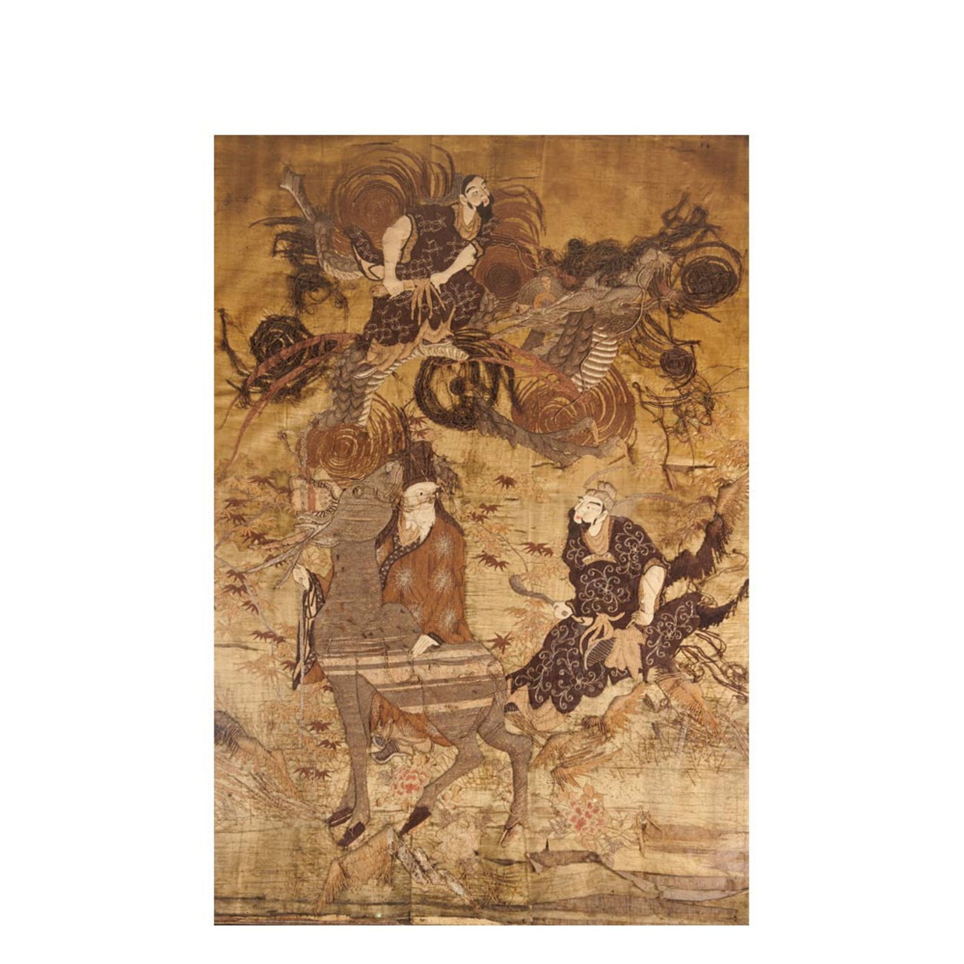 Tapiz japonés bordado con representación de Dioses, fles. del s.XVIII. Enmarcado. 132 x 185 cm.
