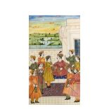 Miniatura india pintada al gouache sobre placa en hueso con representación de escena cortesana,