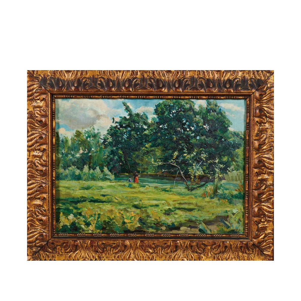 Ramon Barnadas (Olot, Girona, 1909-Vic, Barcelona, 1981) Paisaje con figuras. Óleo sobre tela.