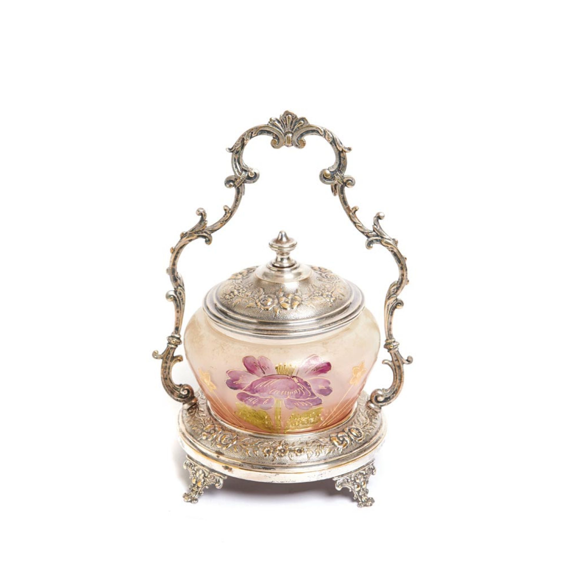 Galletero Art Nouveau en cristal mateado y esmaltado con decoración floral, tapa y soporte en
