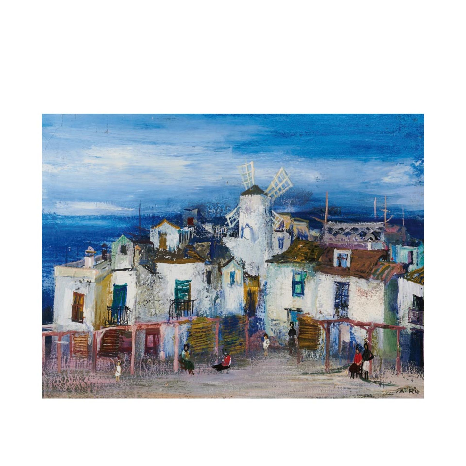 Agustí Rio (Barcelona, 1923-1997) Pueblo con figuras. Óleo sobre tela. Firmado. 54 x 73 cm.