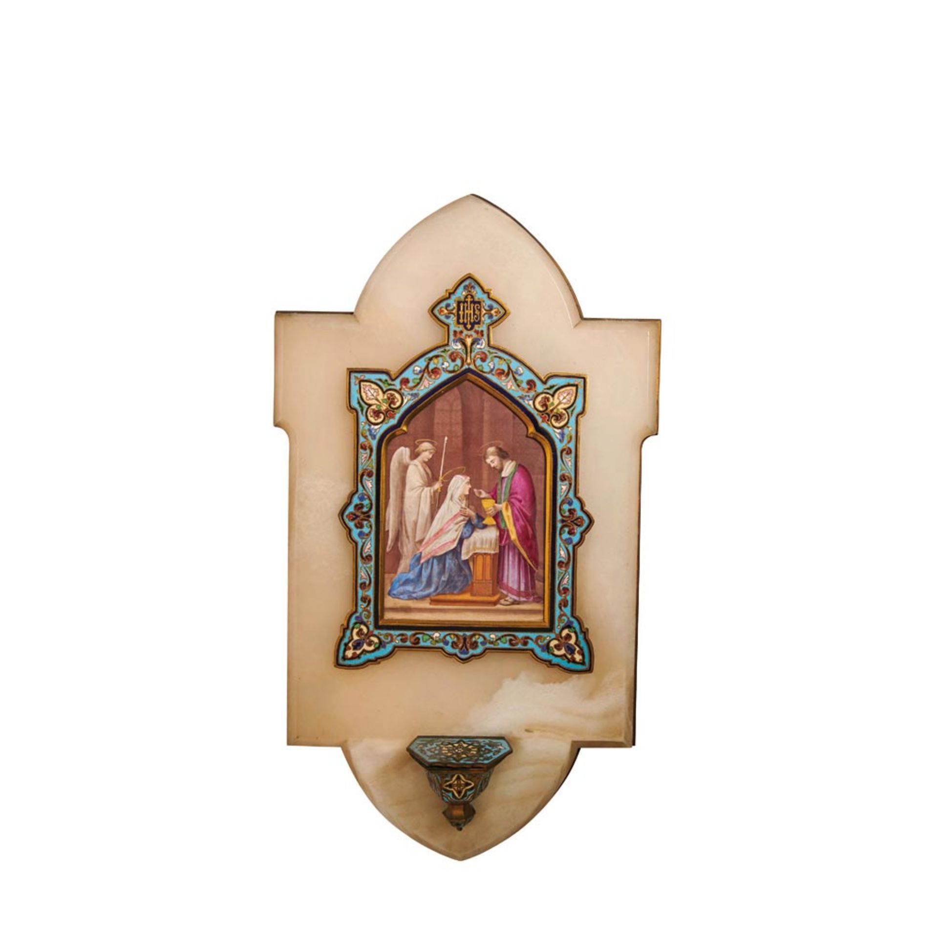 Benditera en ónix, bronce y esmalte cloisonné con representación de La comunión de la Virgen en