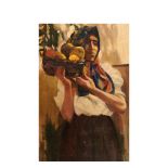 Josep Mongrell (Valencia, 1874-1937) Mujer con cesta de frutas. Óleo sobre tela. Firmado. Etiqueta