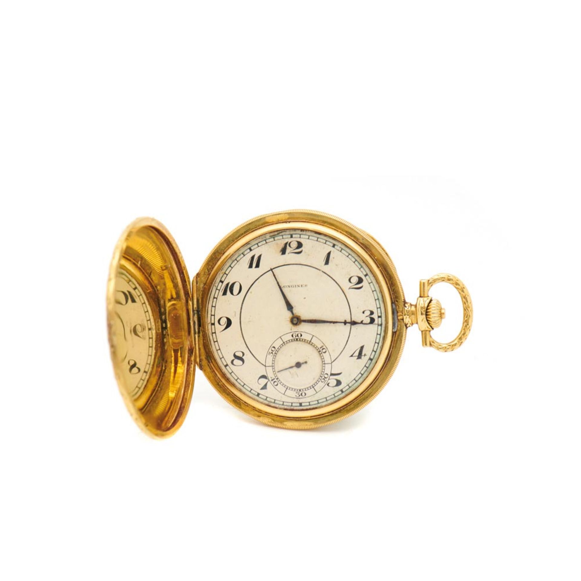 Reloj de bolsillo saboneta Longines, ppios. del s.XX. En oro. Esfera blanca con numeración arábiga y