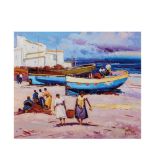 Juan Casellas (Málaga, 1957) Pescadores en la playa. Óleo sobre tela. Firmado. 46 x 55 cm.