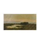 Modest Urgell (Barcelona, 1839-1919) Paisaje al atardecer. Óleo sobre tela. Firmado. 90 x 180 cm.