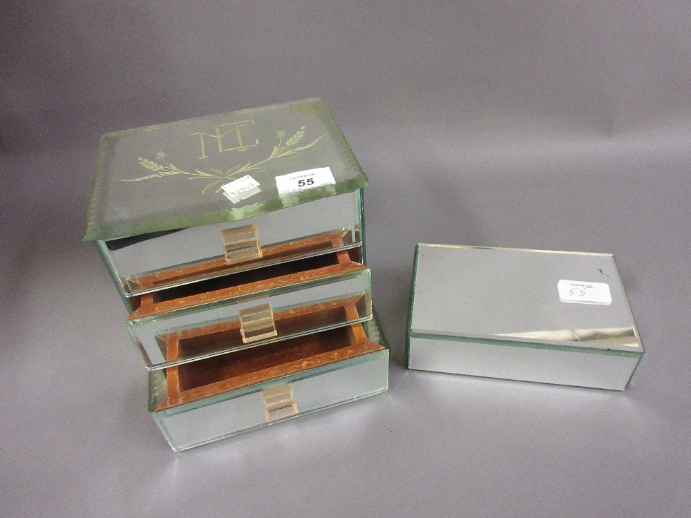 Art Deco style three drawer mirrored jewellery box together with a similar cigarette box