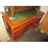 Reproduction yew wood twin pedestal office desk with side extension,