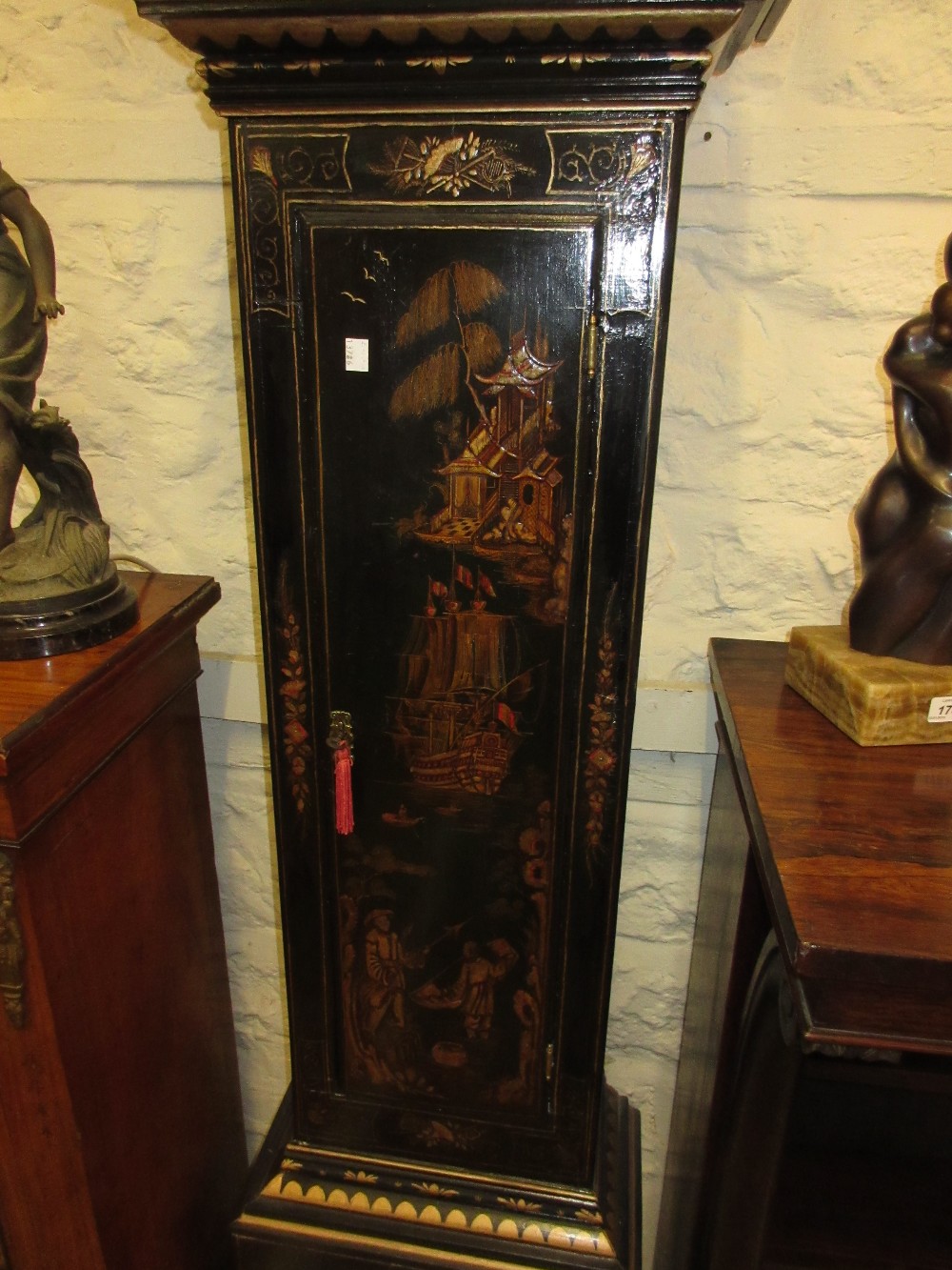 Black chinoiserie lacquer longcase clock, - Image 3 of 5