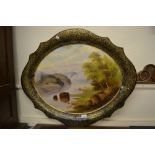 19th Century shaped oval papier maché tray with ebonised gilded border,