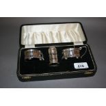 Birmingham silver three piece condiment set in fitted box