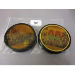 Two 19th Century circular papier mache snuff boxes,