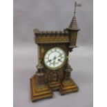 19th Century German oak mantel clock in the form of a castle keep with a two train movement