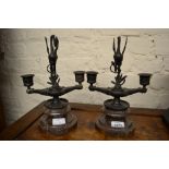 Pair of 19th Century brown patinated bronze two branch candelabra surmounted with figures of storks