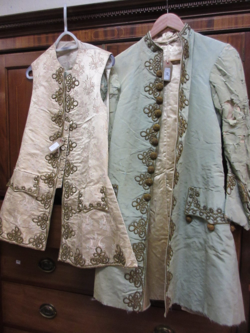 18th Century blue silk and gold thread embroidered and buttoned tunic with waistcoat