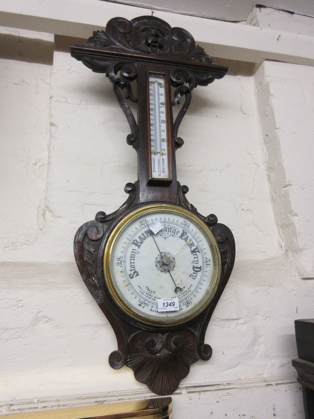 Carved oak aneroid barometer / themometer