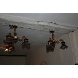 Pair of good quality gilt brass three branch chandeliers with iridescent glass shades