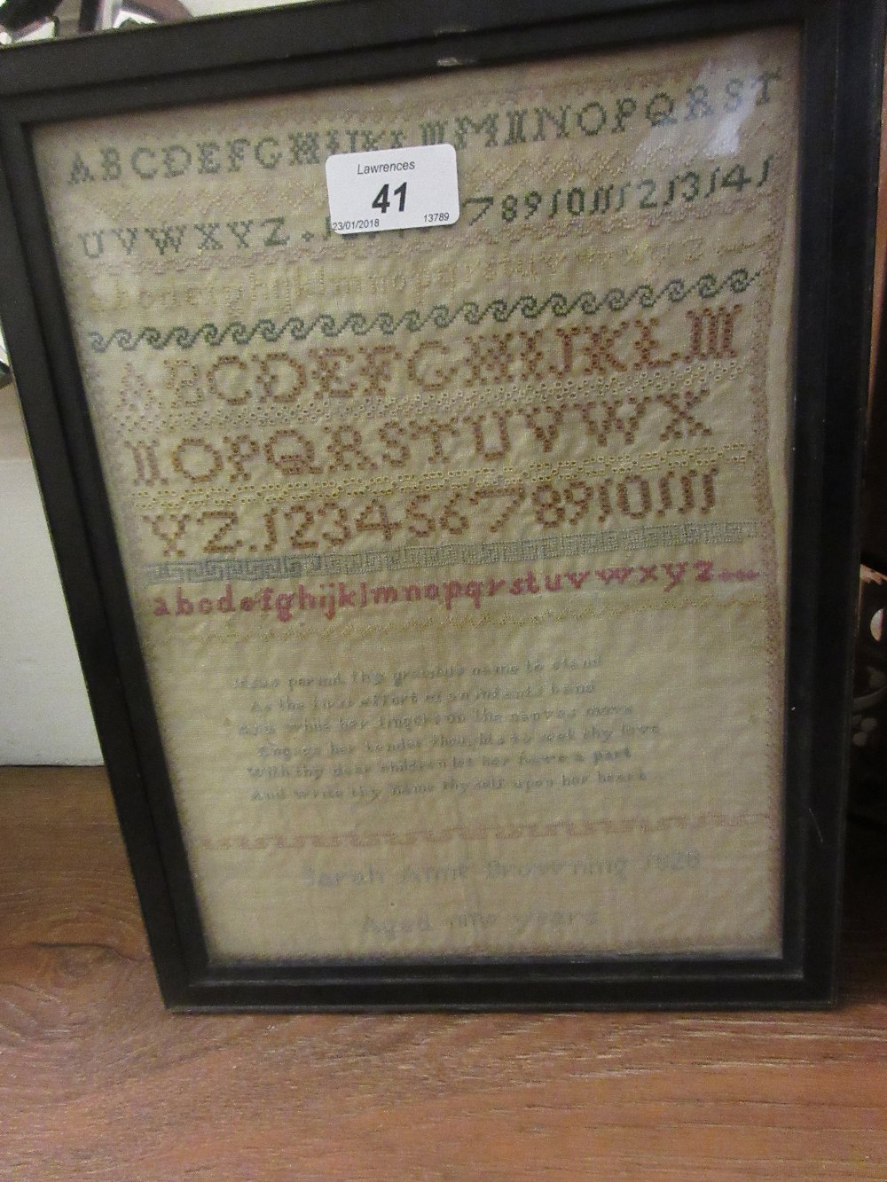 Small 19th Century framed alphabet sampler by Sarah Anne Browning, 1820, 11.5ins x 8.