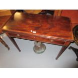 George III rectangular mahogany and inlaid fold-over card table with a single frieze drawer raised