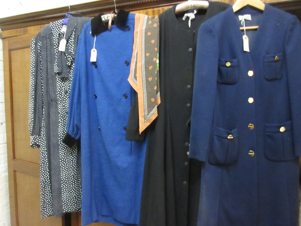 Quantity of mid 20th Century ladies overcoats, dresses, a scarf etc.