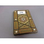 Syrian parquetry inlaid cigarette case with slide action side panel