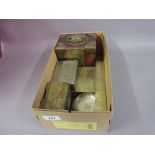 Small box containing a quantity of various Chinese brass and metal boxes, dishes, a rule,