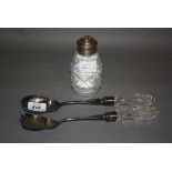 Pair of Birmingham silver cut glass handled salad servers and a Sheffield silver mounted and cut