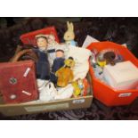 Box containing a quantity of miscellaneous items including a Norah Wellings type sailor doll and