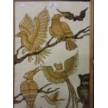 Large framed batik style print on fabric of various birds,