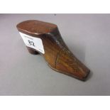 18th / 19th Century carved rosewood and metal inlaid snuff shoe with sliding lid