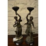 Pair of 19th Century French spelter figural table lamp bases on turned marble bases (lacking