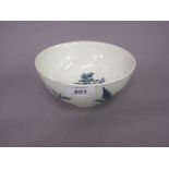 18th Century First Period Worcester blue and white bowl decorated with birds in flight and foliage,