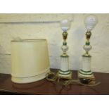 Pair of modern porcelain and gilt brass mounted column form table lamps with shades in French style