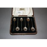 Cased set of six Bimingham silver bean handled coffee spoons