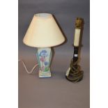Clarice Cliff style porcelain lamp base with shade and a French style bronze lamp base