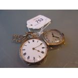 Continental 18ct yellow gold floral engraved fob watch having enamel dial with Roman numerals,