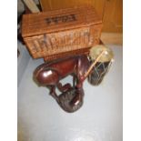 Two wicker picnic hampers together with a small African drum and a hardwood carving of antelope