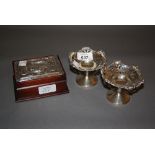 Pair of Birmingham silver circular pierced bonbon pedestal dishes and a modern silver mounted