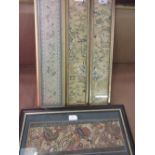 Four various framed Chinese silk embroidered sleeve pictures,