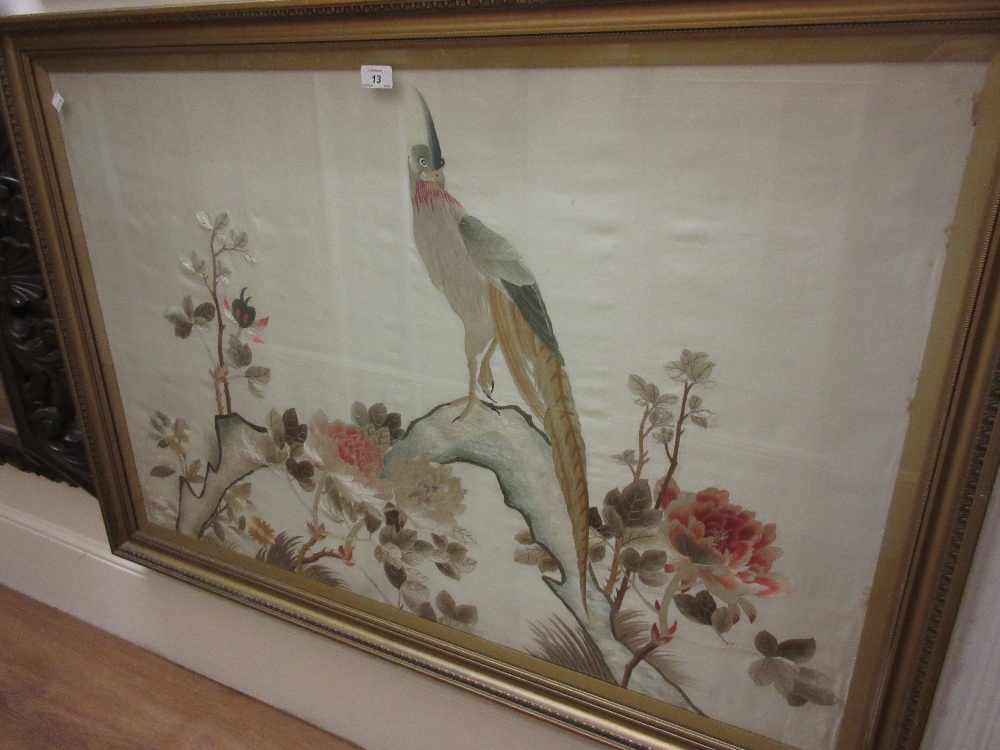Chinese silk embroidered picture of a peacock, 27ins x 42ins,