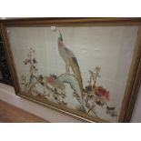 Chinese silk embroidered picture of a peacock, 27ins x 42ins,