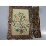 19th Century bell pull with gilt metal handle and an oak framed needlework picture of roses