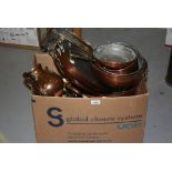 Collection of copper cooking pans including: oval two handled dishes, preserve pan, saucepans,