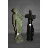 Spelter figure of a classical maiden (at fault) together with a wrought iron torch bracket