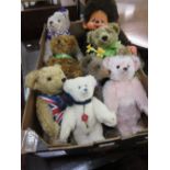 Box containing a quantity of various modern bears including Steiff etc.