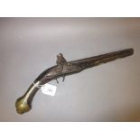 18th Century Flintlock pistol with brass and steel mounts and carved walnut stock (at fault)