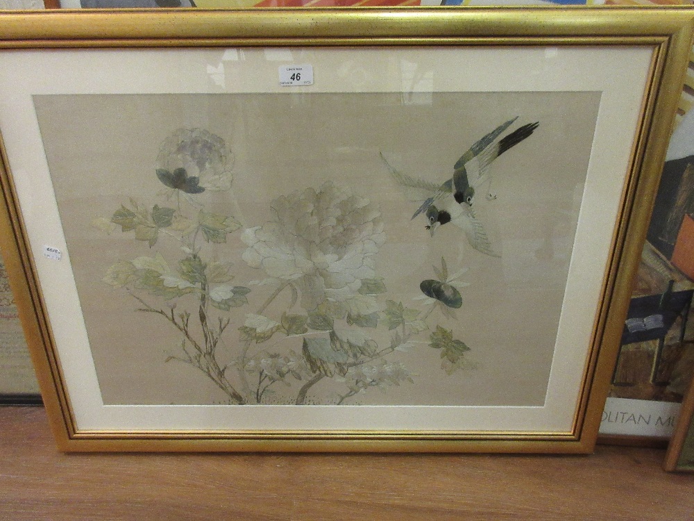 Gilt framed silk needlework picture of flowers and birds