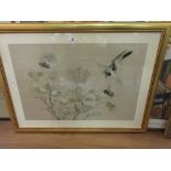 Gilt framed silk needlework picture of flowers and birds